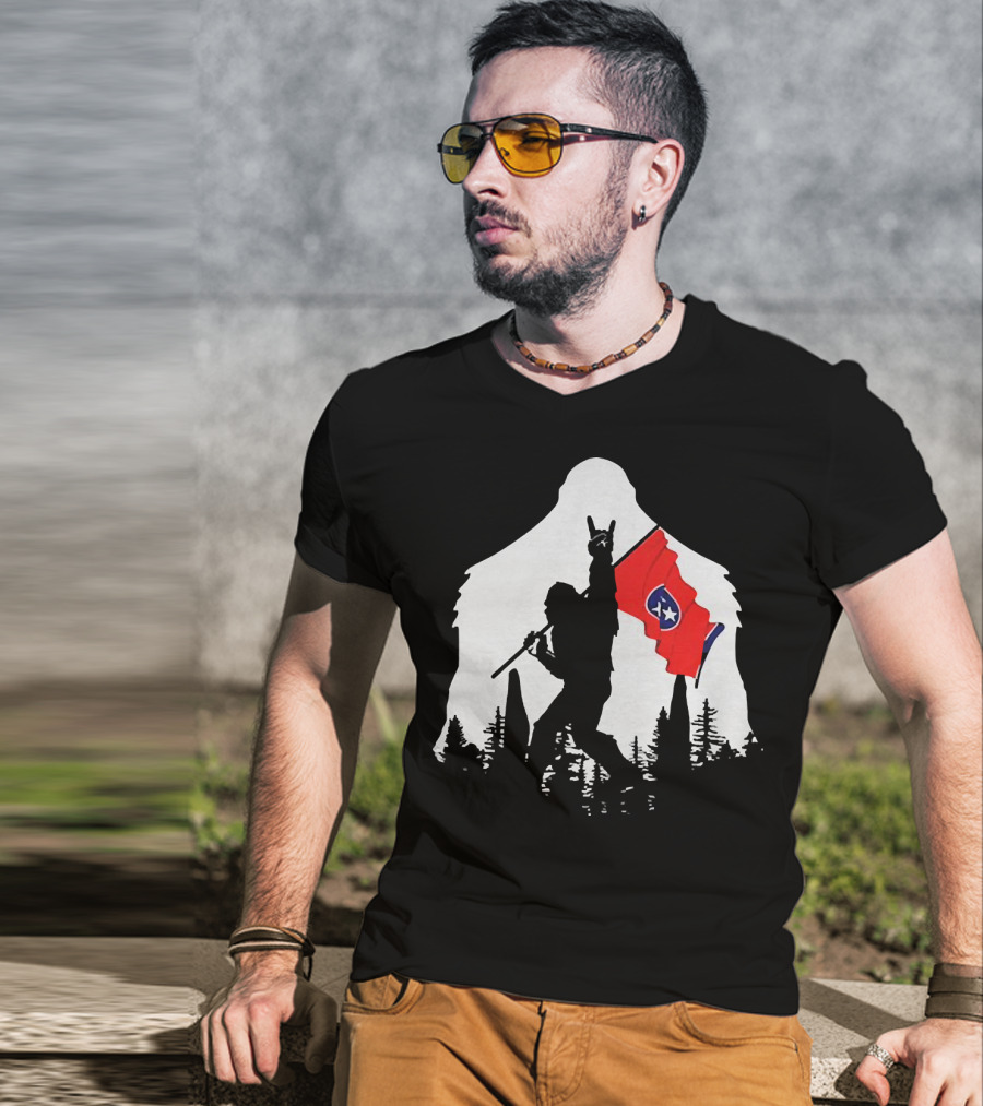 Bigfoot Silhouette With Rock And Roll Pose Holding Tennessee Flag In Forest T-Shirt