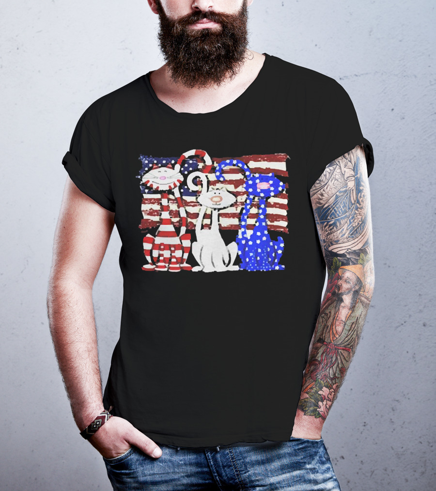 Cats With American Flag Stripes Stars Independence Day Veteran U.S T-Shirt