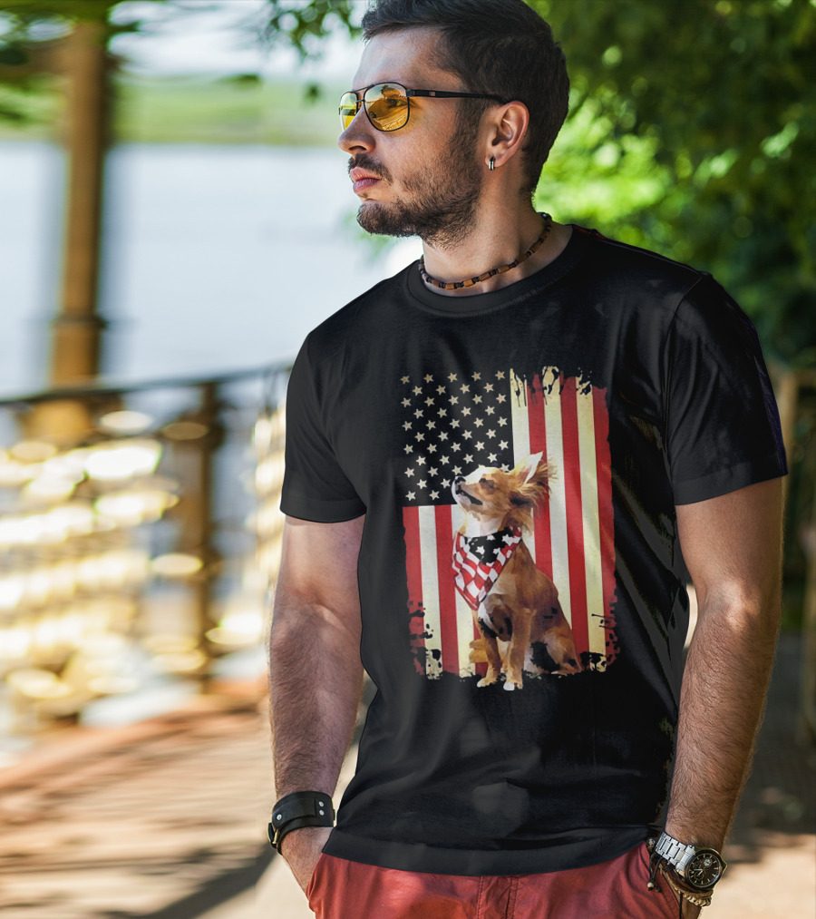 Patriotic Chihuahua With American Flag Background T-Shirt