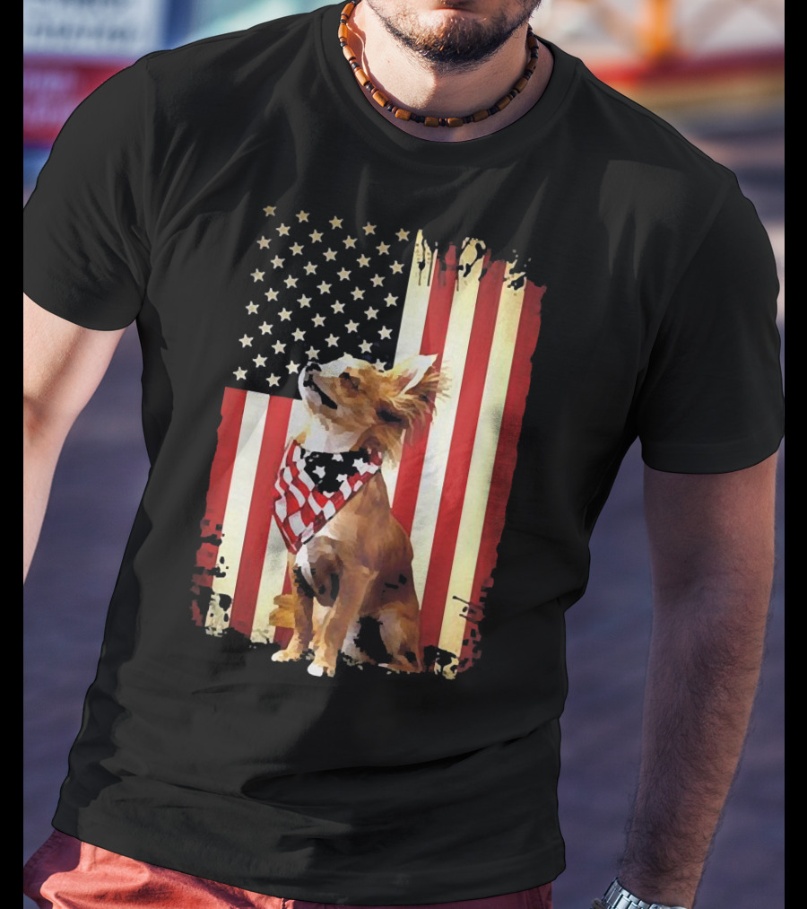 Patriotic Chihuahua With American Flag Background T-Shirt