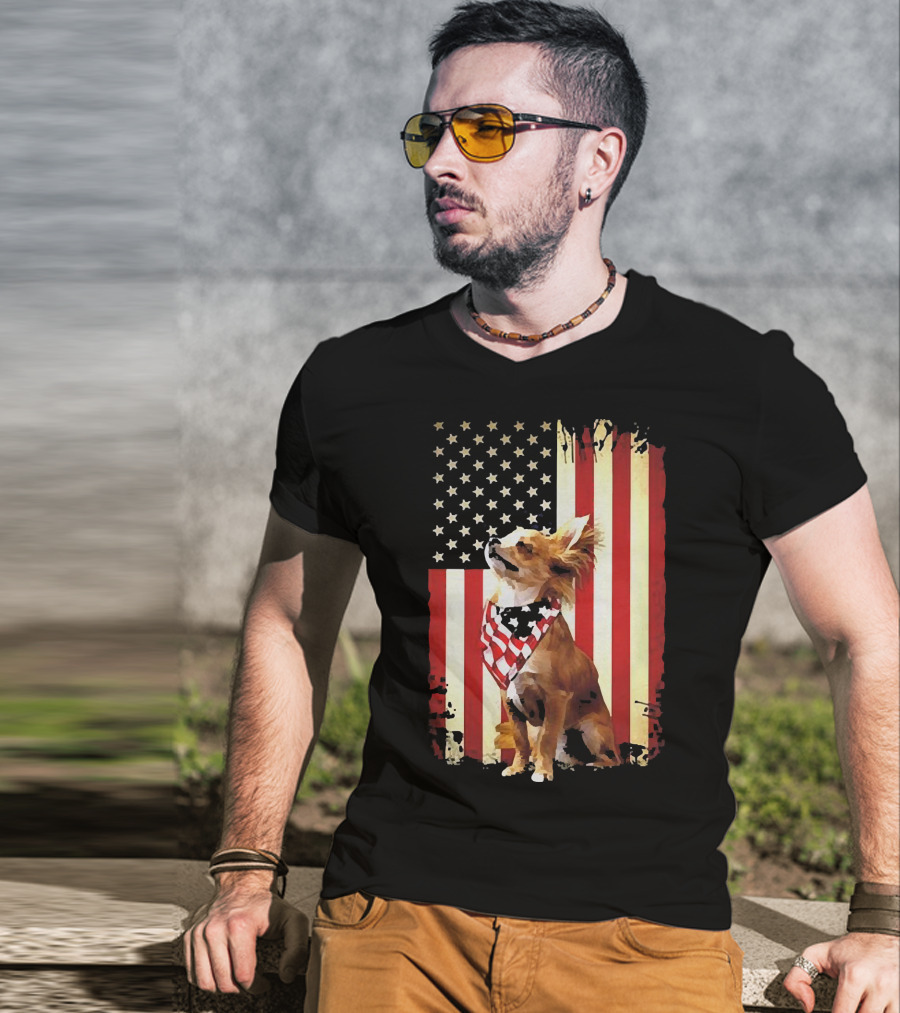 Patriotic Chihuahua With American Flag Background T-Shirt