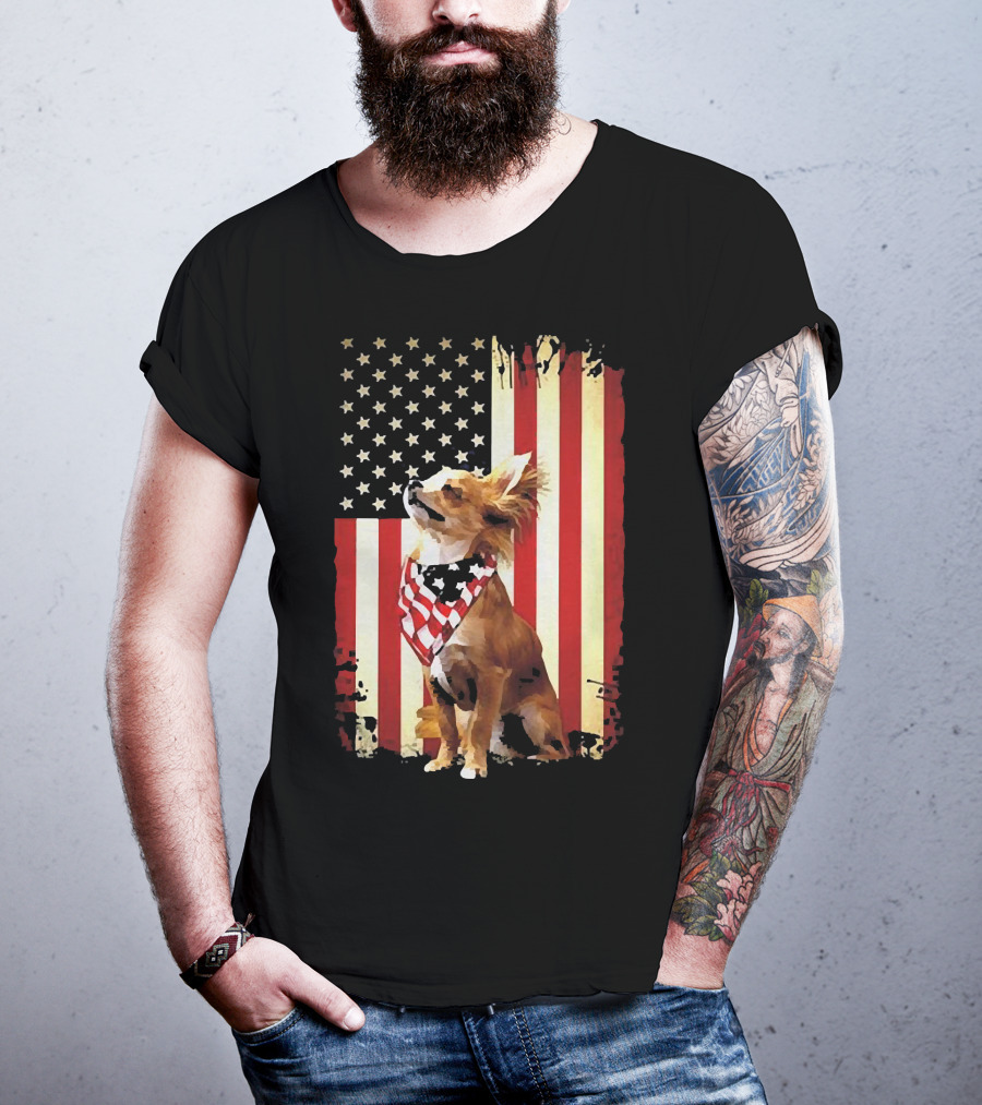 Patriotic Chihuahua With American Flag Background T-Shirt