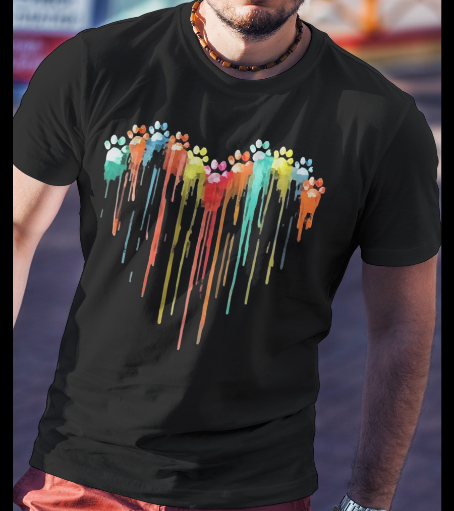 Dog Paw Heart Watercolor Rainbow Drip T-Shirt