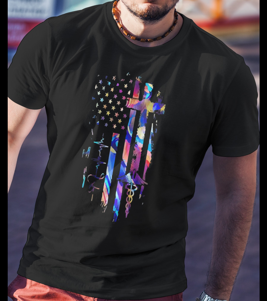 Stethoscope Heartbeat Nurse God Colorful Cross America Flag T-Shirt