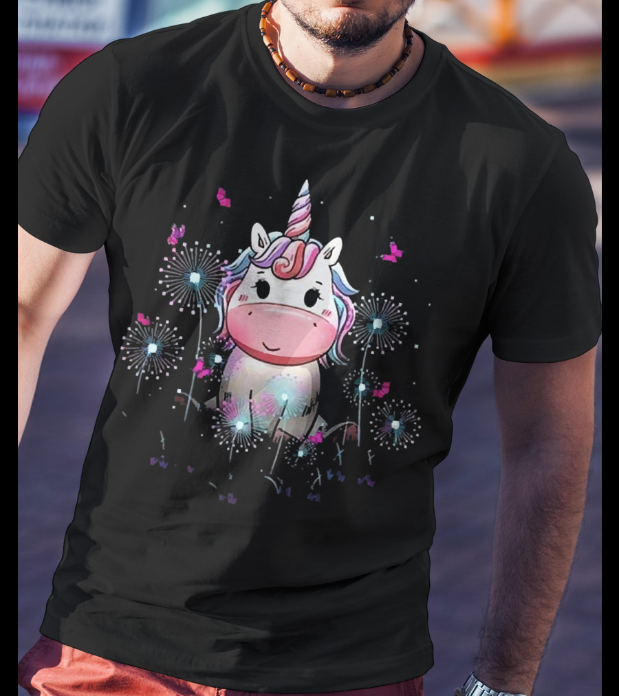 Baby Unicorn With Dandelion Flowers And Butterflies T-Shirt