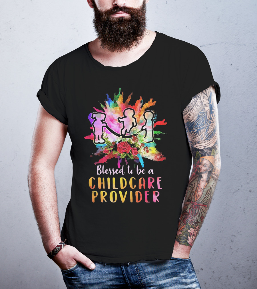 Blessed To Be A Childcare Provider Colorful Silhouette With Floral Background T-Shirt