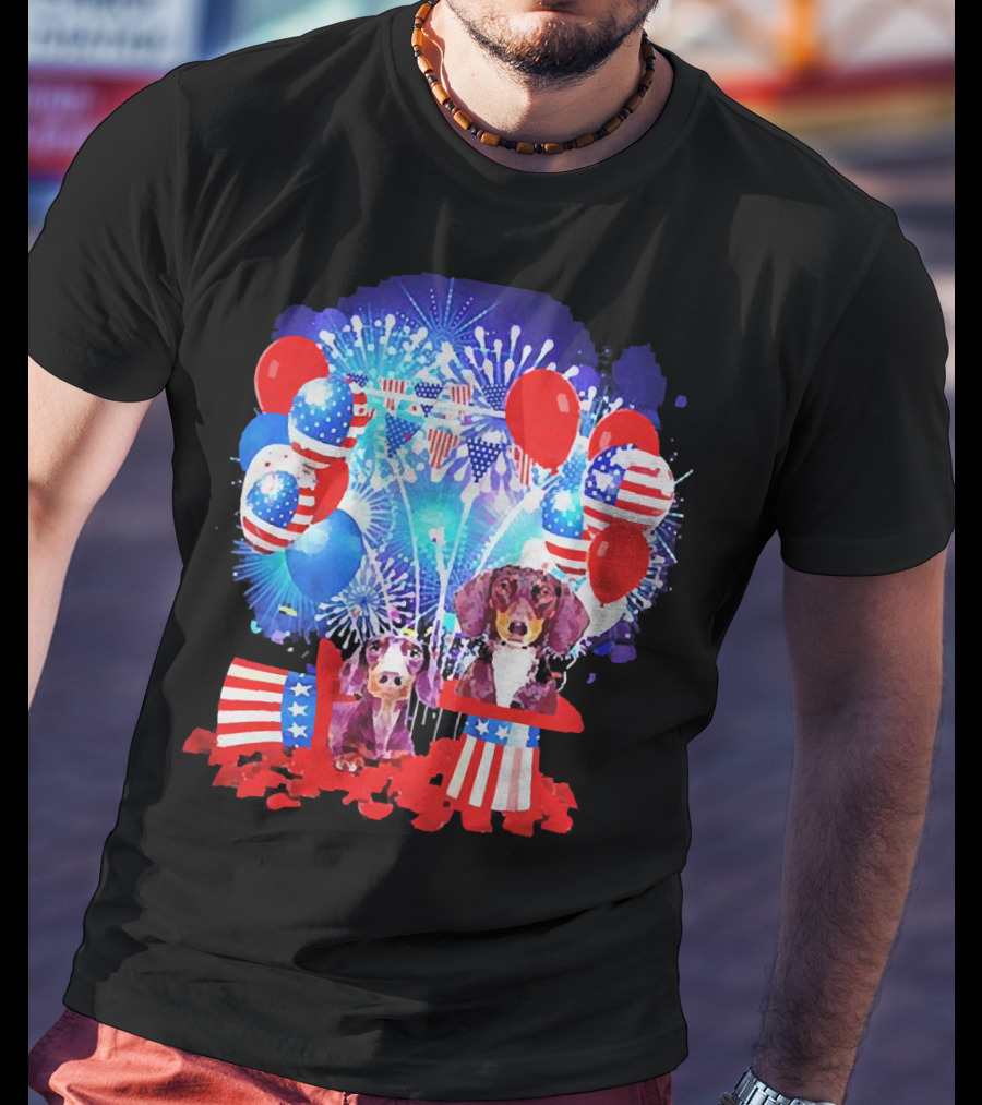 Dachshund American Flag Fireworks Balloons Independence Day T-Shirt