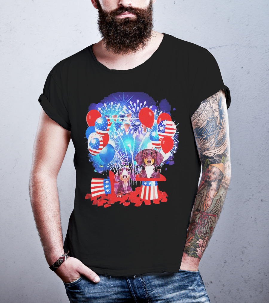 Dachshund American Flag Fireworks Balloons Independence Day T-Shirt