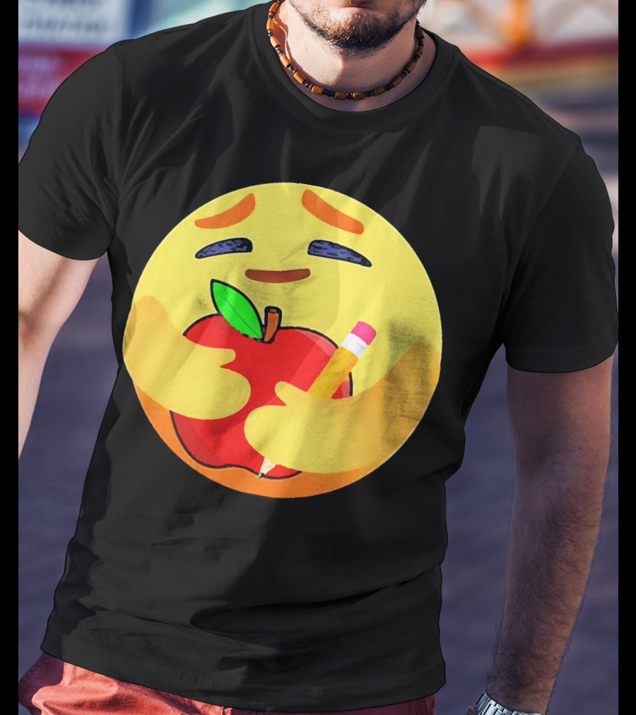 Teacher Care Emoji Hugging Apple And Pencil T-Shirt