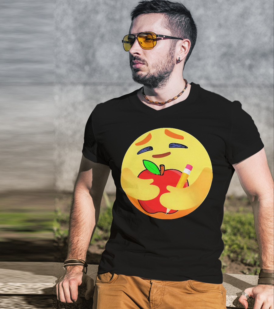 Teacher Care Emoji Hugging Apple And Pencil T-Shirt