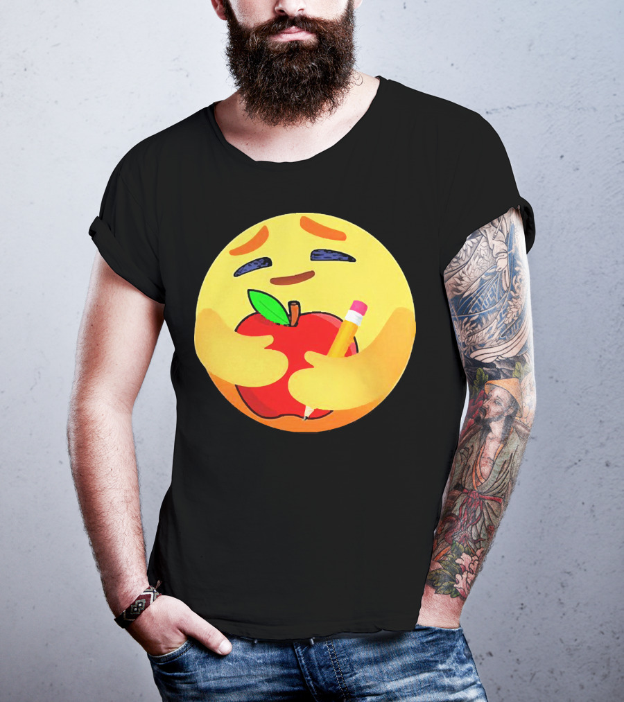 Teacher Care Emoji Hugging Apple And Pencil T-Shirt