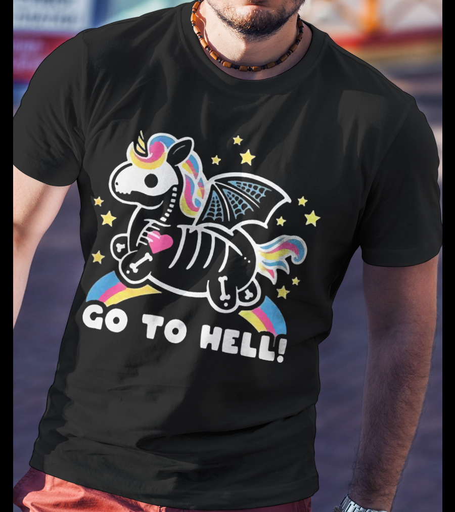 Unicorn Go To Hell Colorful Skeleton Bat Wings Rainbow Stars T-Shirt