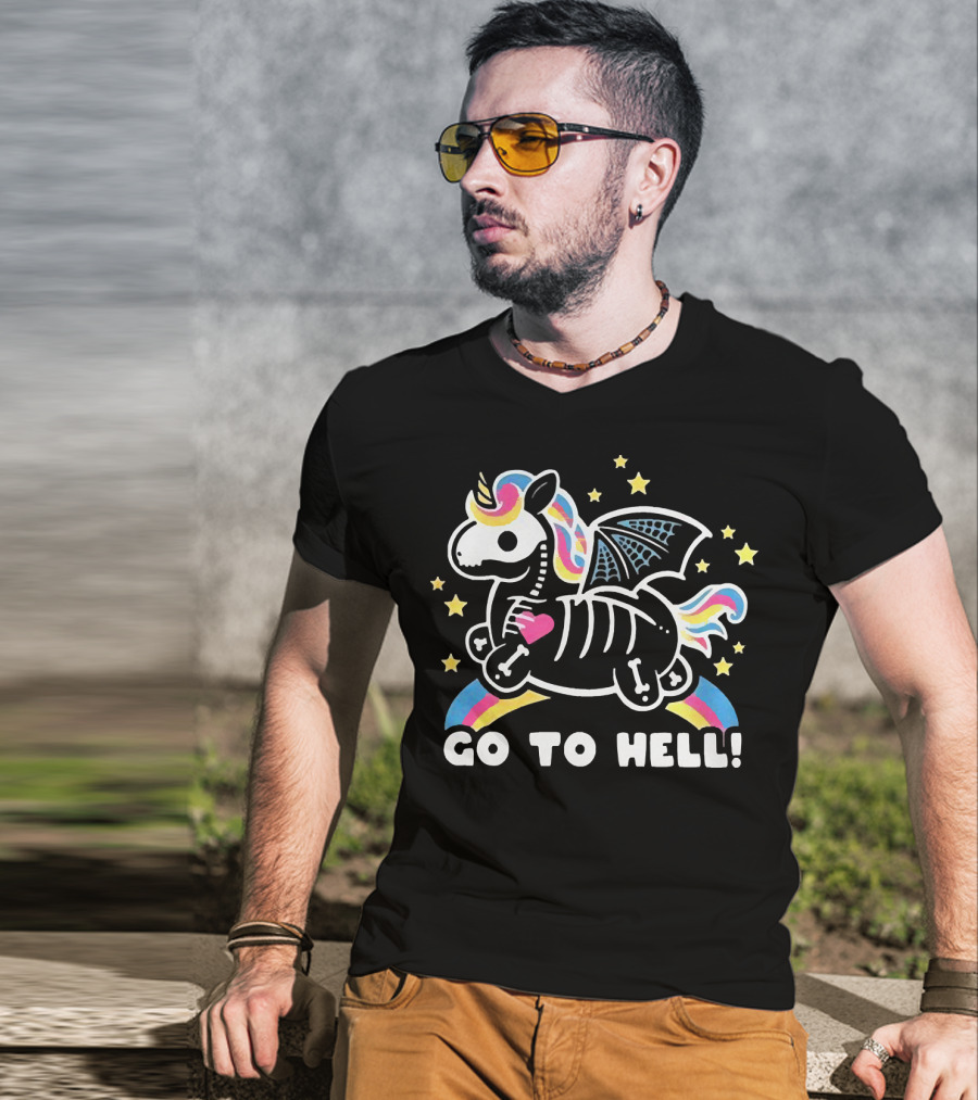 Unicorn Go To Hell Colorful Skeleton Bat Wings Rainbow Stars T-Shirt