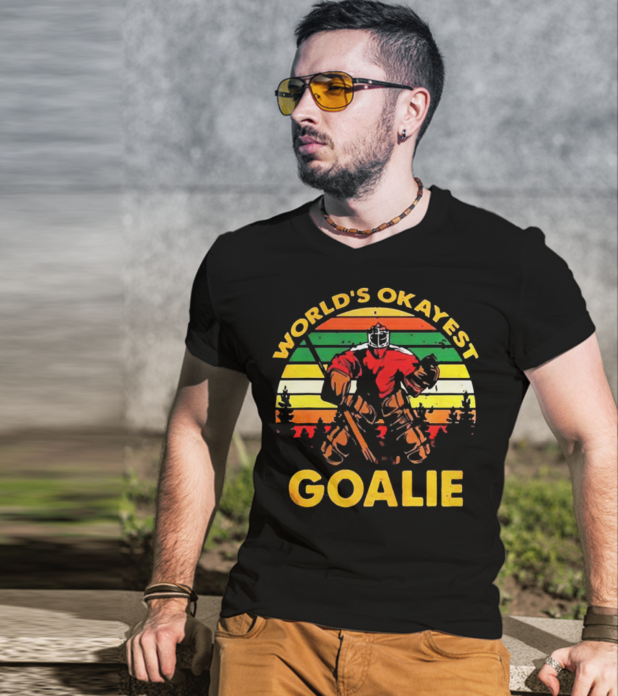 World's Okayest Goalie Vintage Hockey Retro Stripes T-Shirt