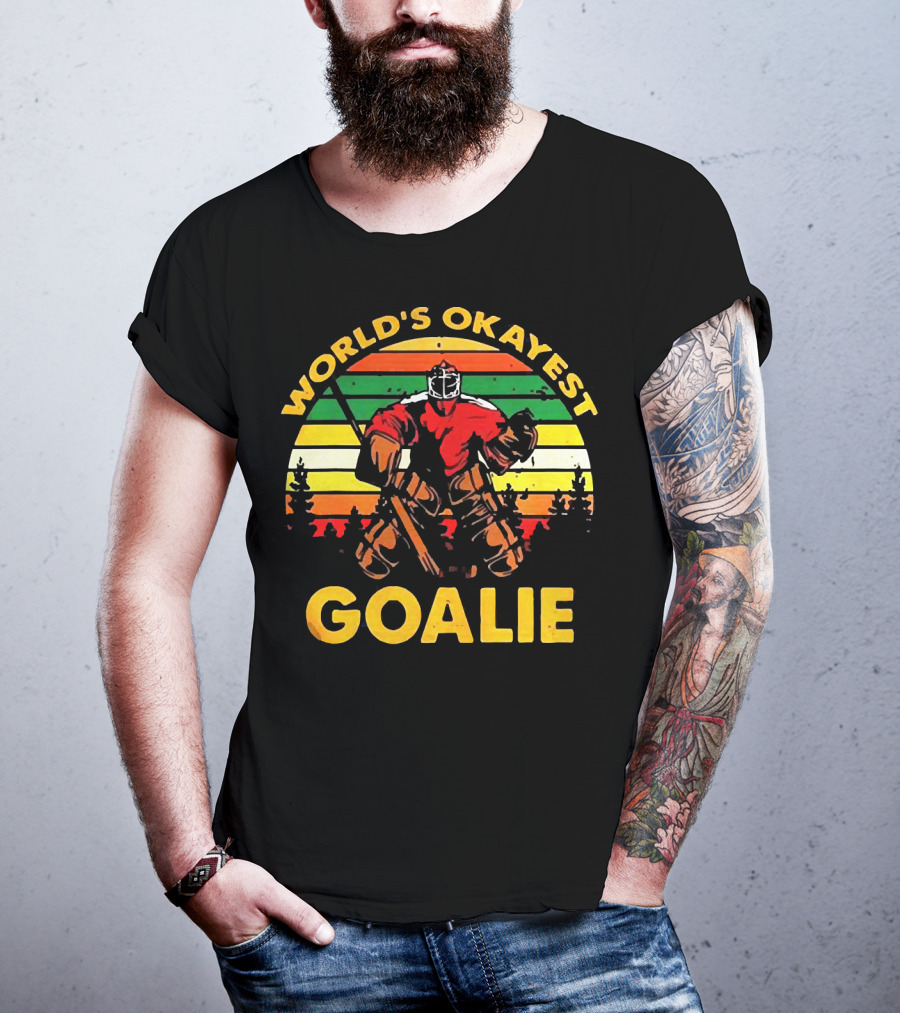 World's Okayest Goalie Vintage Hockey Retro Stripes T-Shirt