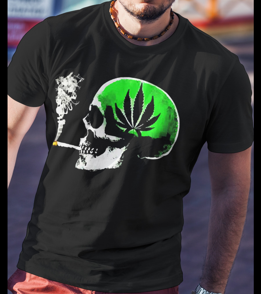 Weed Leaves Skull Smoking Joint Green Marijuana T-Shirt
