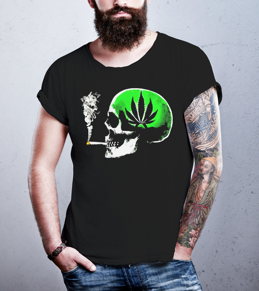 Weed Leaves Skull Smoking Joint Green Marijuana T-Shirt