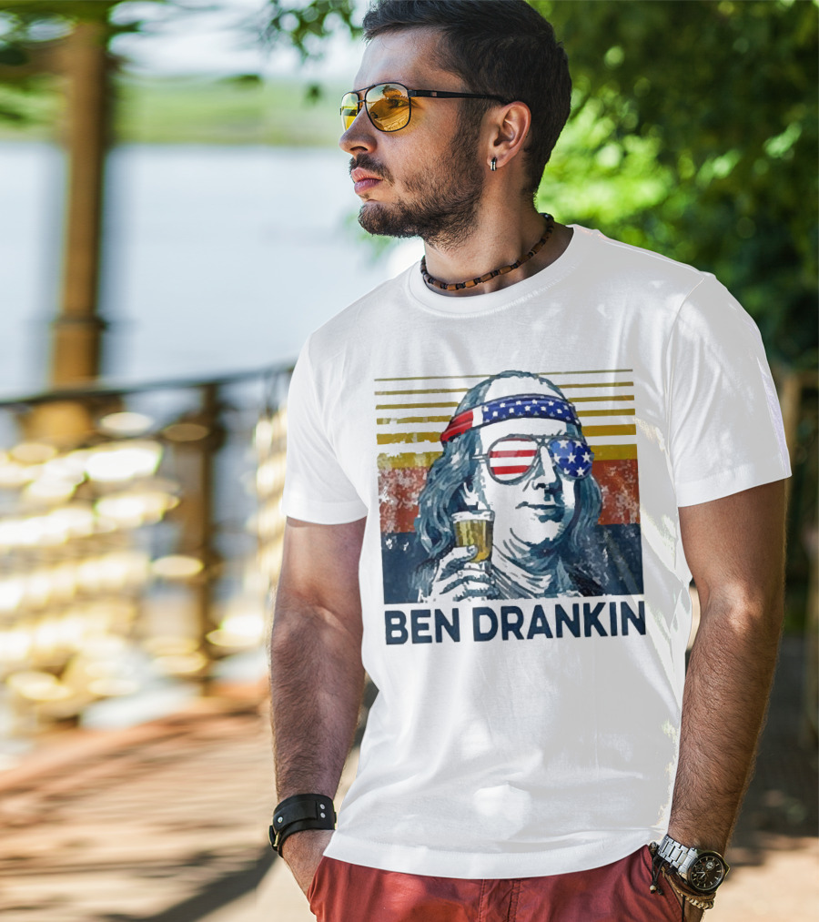 Ben Drankin Beer American Flag Sunglasses Patriotic Benjamin Franklin T-Shirt