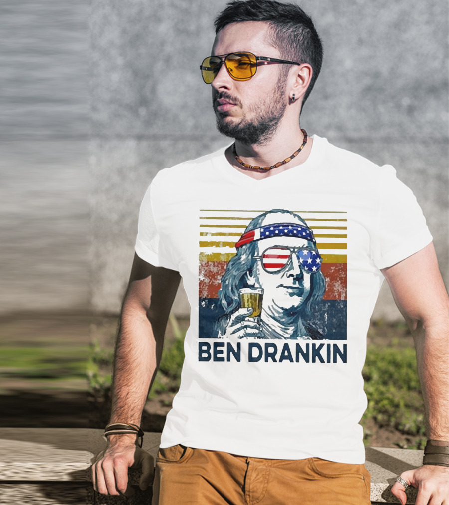 Ben Drankin Beer American Flag Sunglasses Patriotic Benjamin Franklin T-Shirt