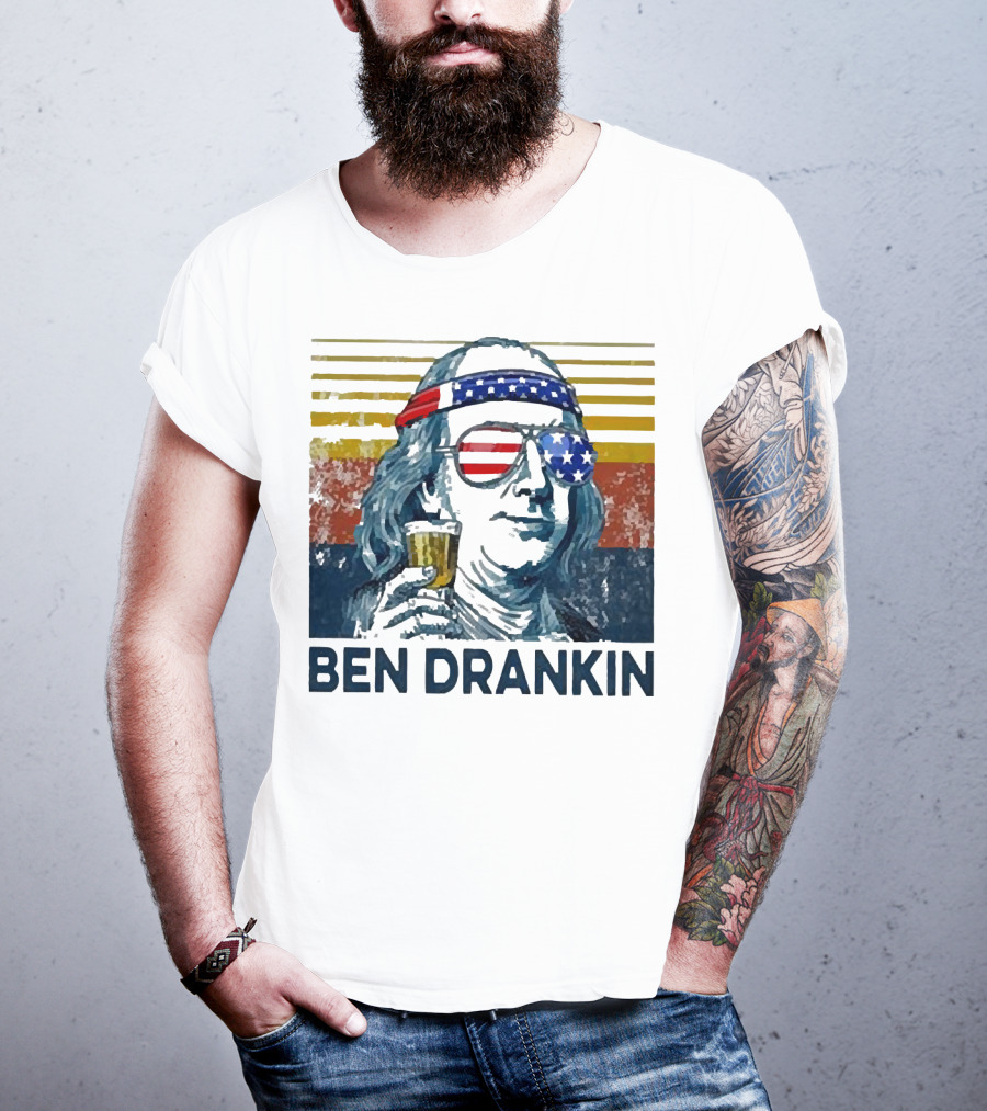 Ben Drankin Beer American Flag Sunglasses Patriotic Benjamin Franklin T-Shirt