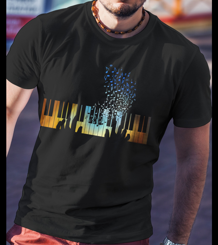 Musical Notes Rising From Colorful Keyboard Piano T-Shirt