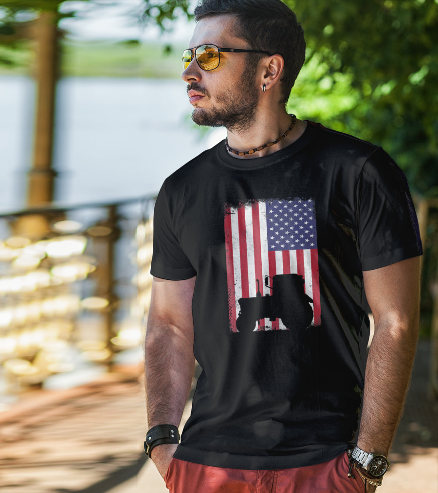 Patriotic American Flag With Vintage Tractor Farming T-Shirt