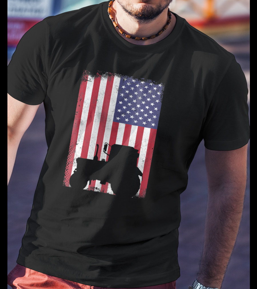 Patriotic American Flag With Vintage Tractor Farming T-Shirt