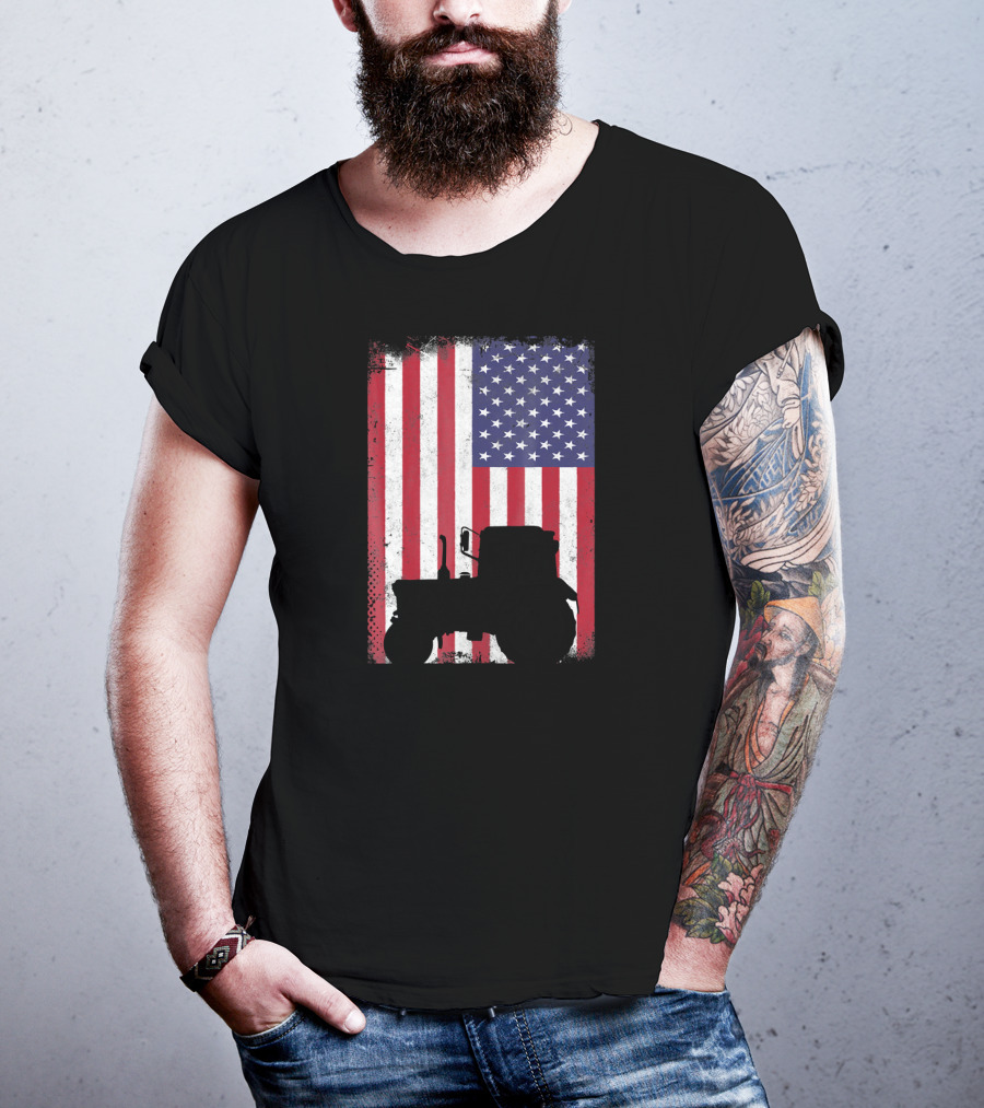 Patriotic American Flag With Vintage Tractor Farming T-Shirt