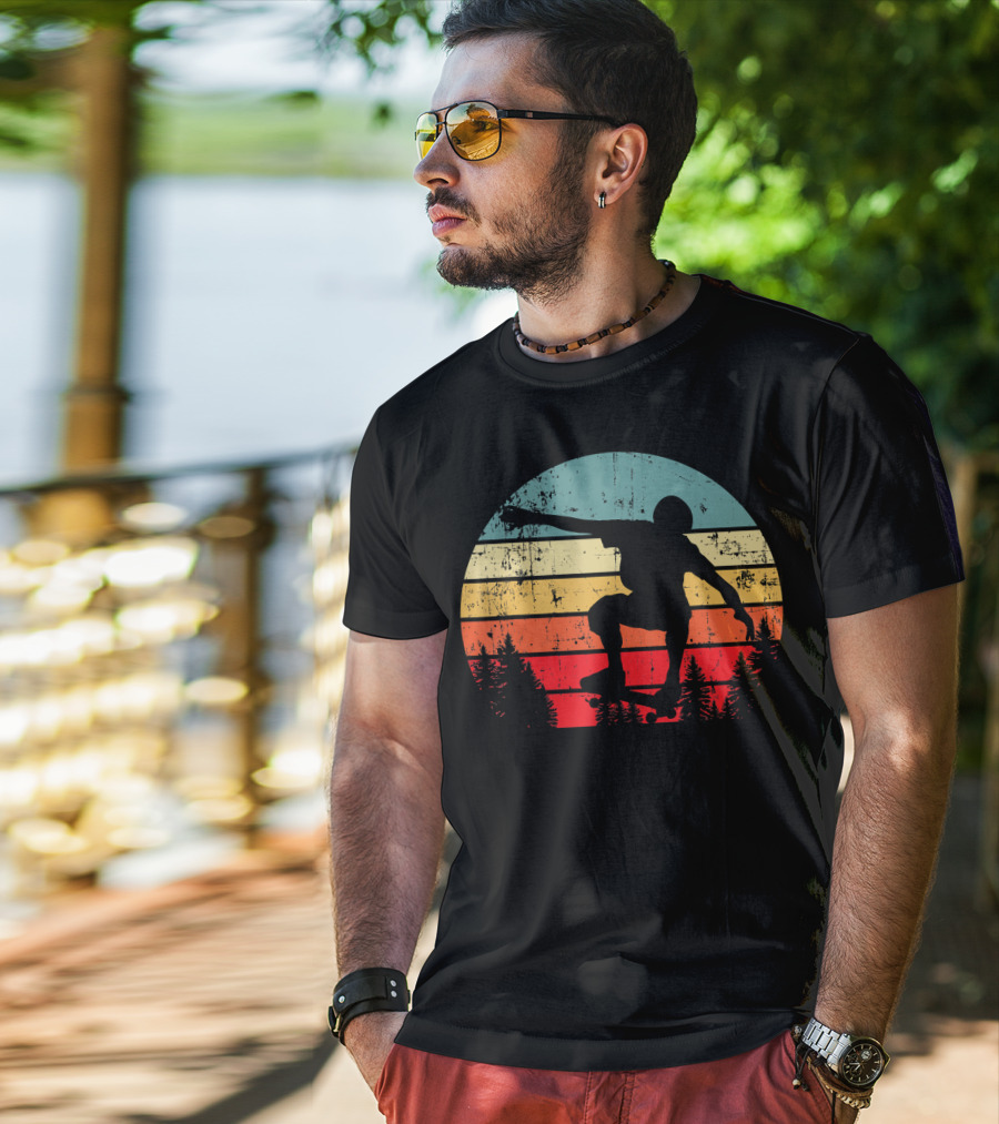 Trick Move Retro Vintage Skateboarder Silhouette Forest Sunset T-Shirt
