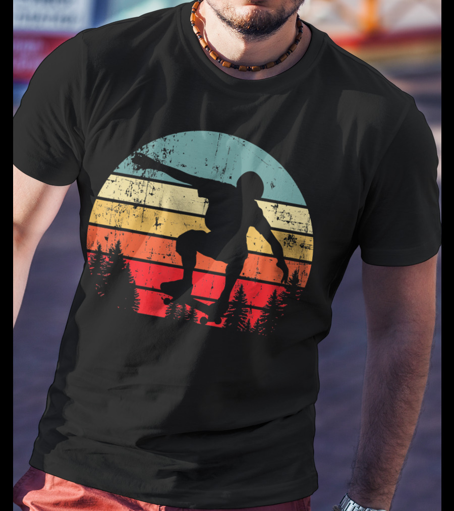 Trick Move Retro Vintage Skateboarder Silhouette Forest Sunset T-Shirt