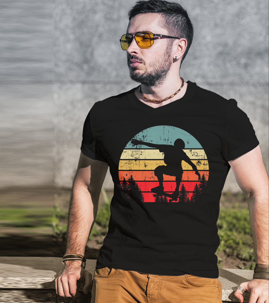 Trick Move Retro Vintage Skateboarder Silhouette Forest Sunset T-Shirt