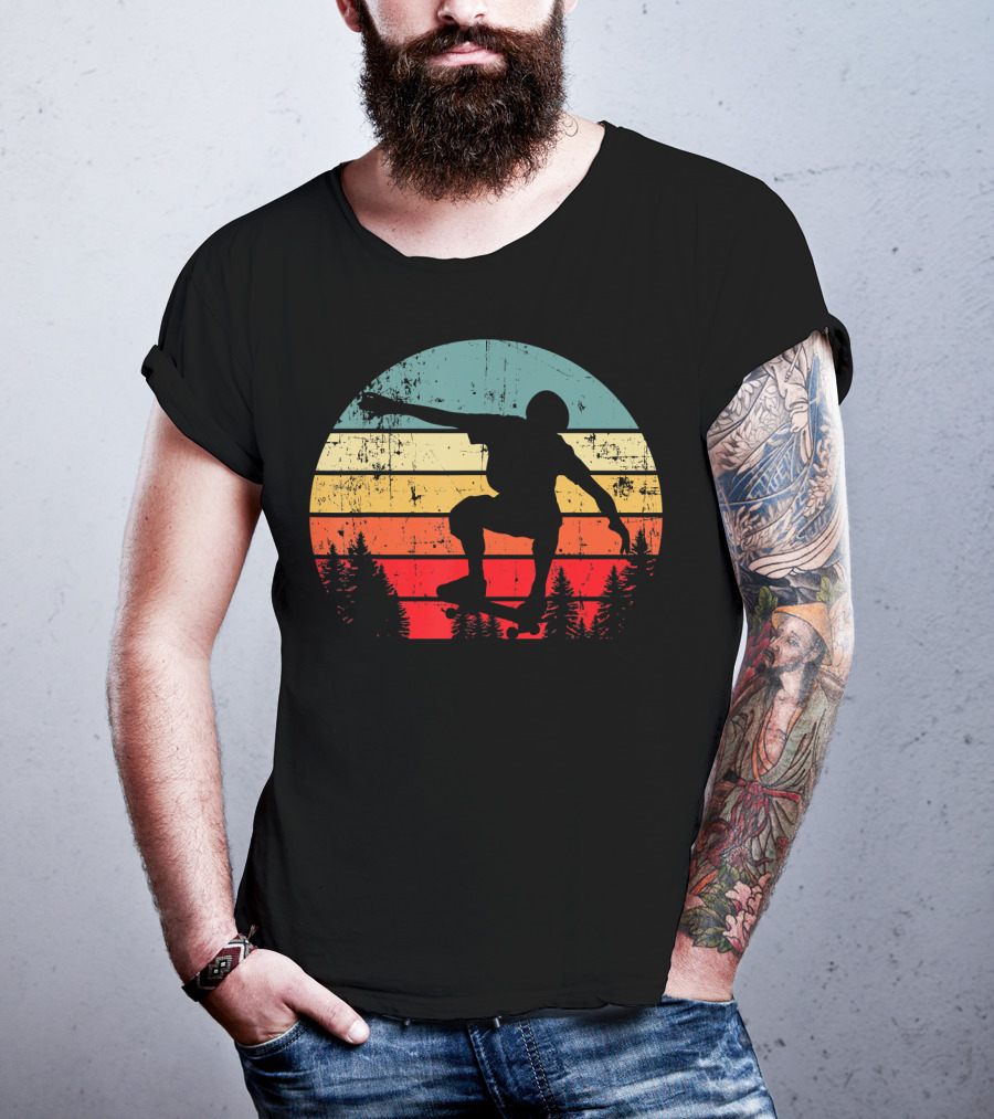 Trick Move Retro Vintage Skateboarder Silhouette Forest Sunset T-Shirt