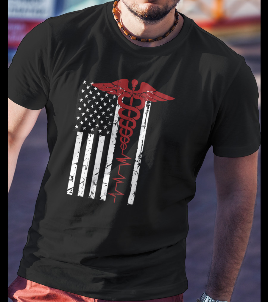 USA Flag Caduceus Medical Symbol Black Patriotic Nurse T-Shirt