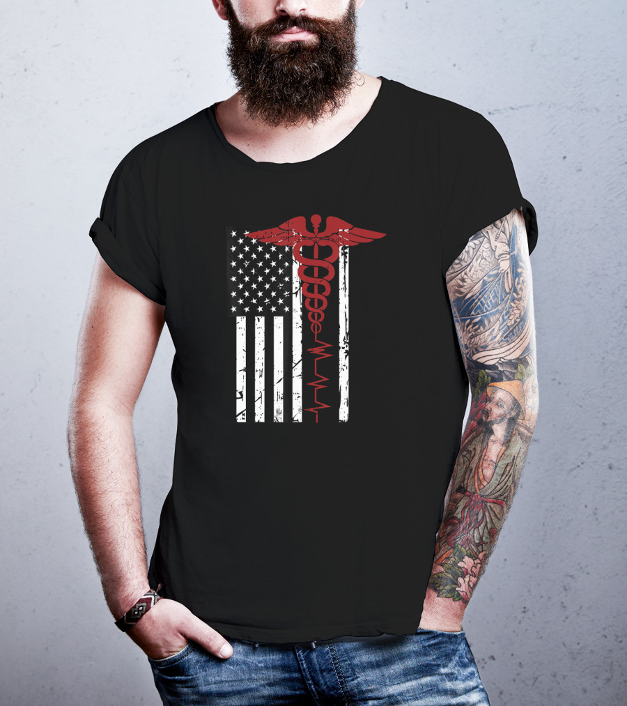 USA Flag Caduceus Medical Symbol Black Patriotic Nurse T-Shirt