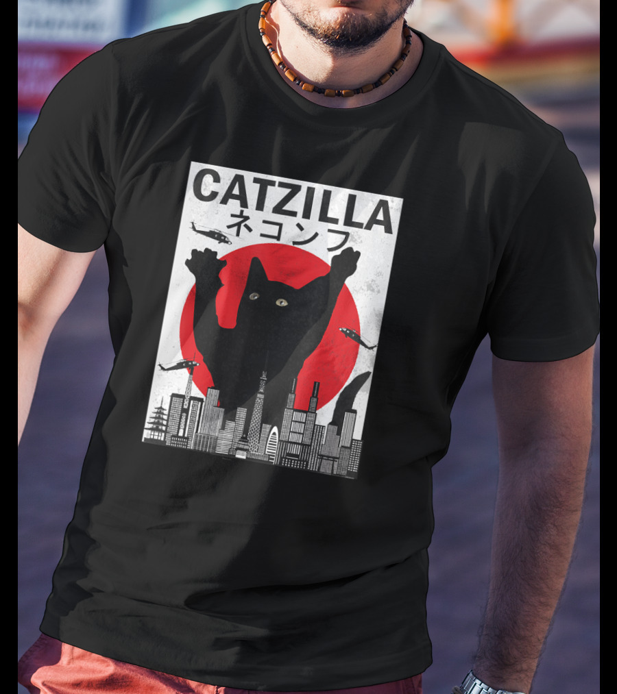 Catzilla Japanese Sunset Style Cat With Helicopter And Skyline Elements T-Shirt