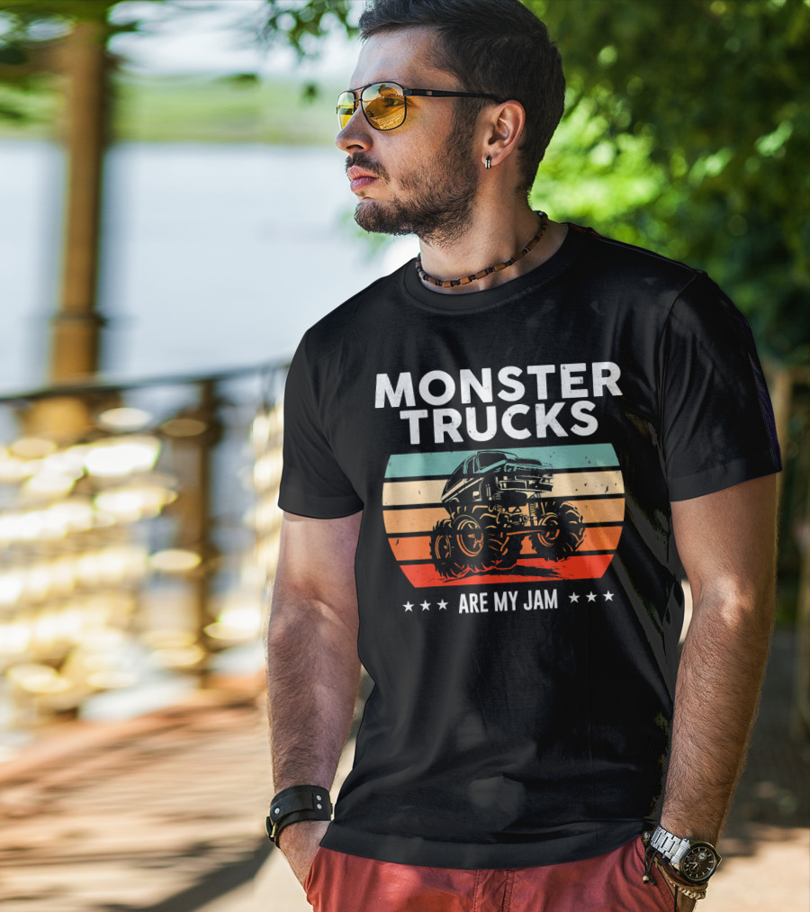 Monster Trucks Are My Jam Retro Sunset Vintage Cool Engines T-Shirt