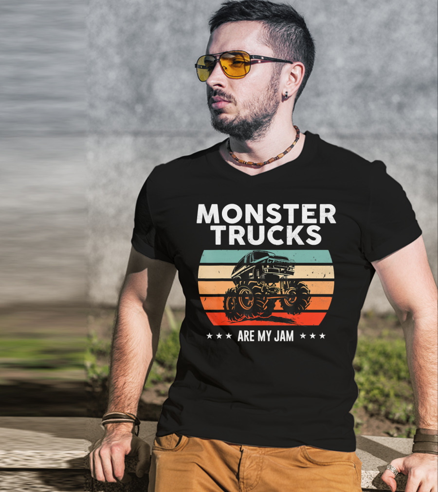 Monster Trucks Are My Jam Retro Sunset Vintage Cool Engines T-Shirt