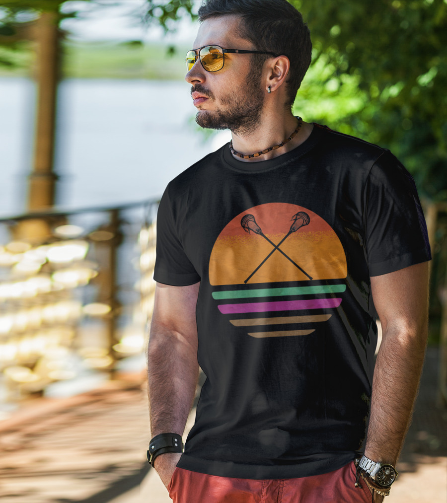 Vintage Retro Lacrosse Crossed Sticks Silhouette Sun T-Shirt