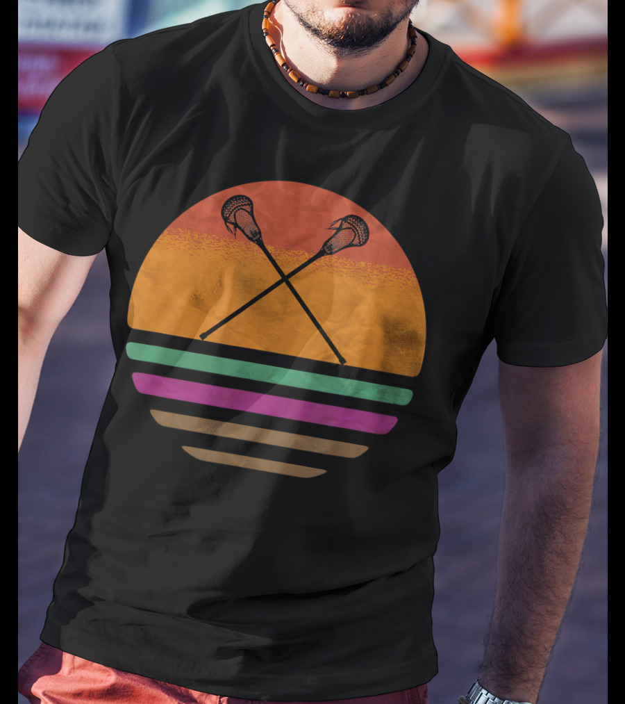 Vintage Retro Lacrosse Crossed Sticks Silhouette Sun T-Shirt
