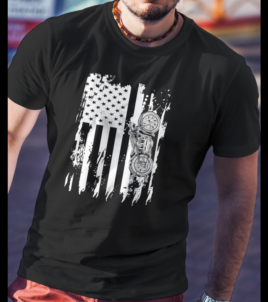 Vintage Retro Motorcycle With Grunge American Flag Background T-Shirt