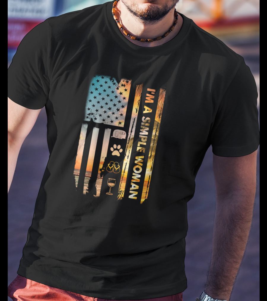 I'm A Simple Woman USA Flag Camping Wine Flip Flops Dog Camp T-Shirt