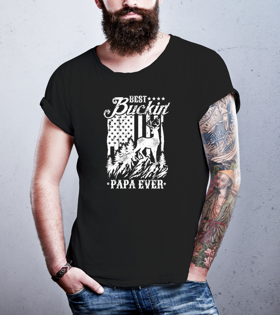 Best Buckin Papa Ever Deer Hunting American Flag Stars Stripes T-Shirt