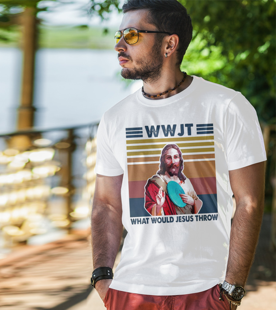 WWJT What Would Jesus Throw Disc Golf Frisbee Retro Stripes T-Shirt