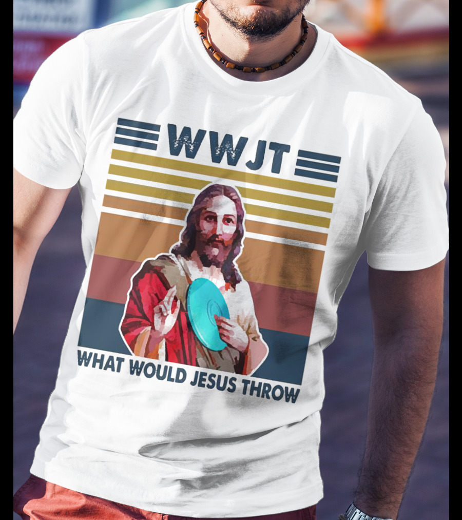 WWJT What Would Jesus Throw Disc Golf Frisbee Retro Stripes T-Shirt