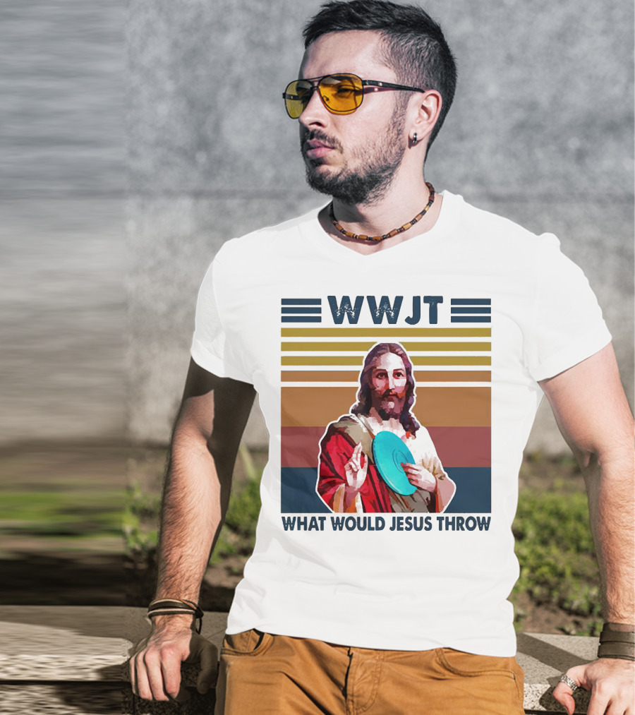 WWJT What Would Jesus Throw Disc Golf Frisbee Retro Stripes T-Shirt
