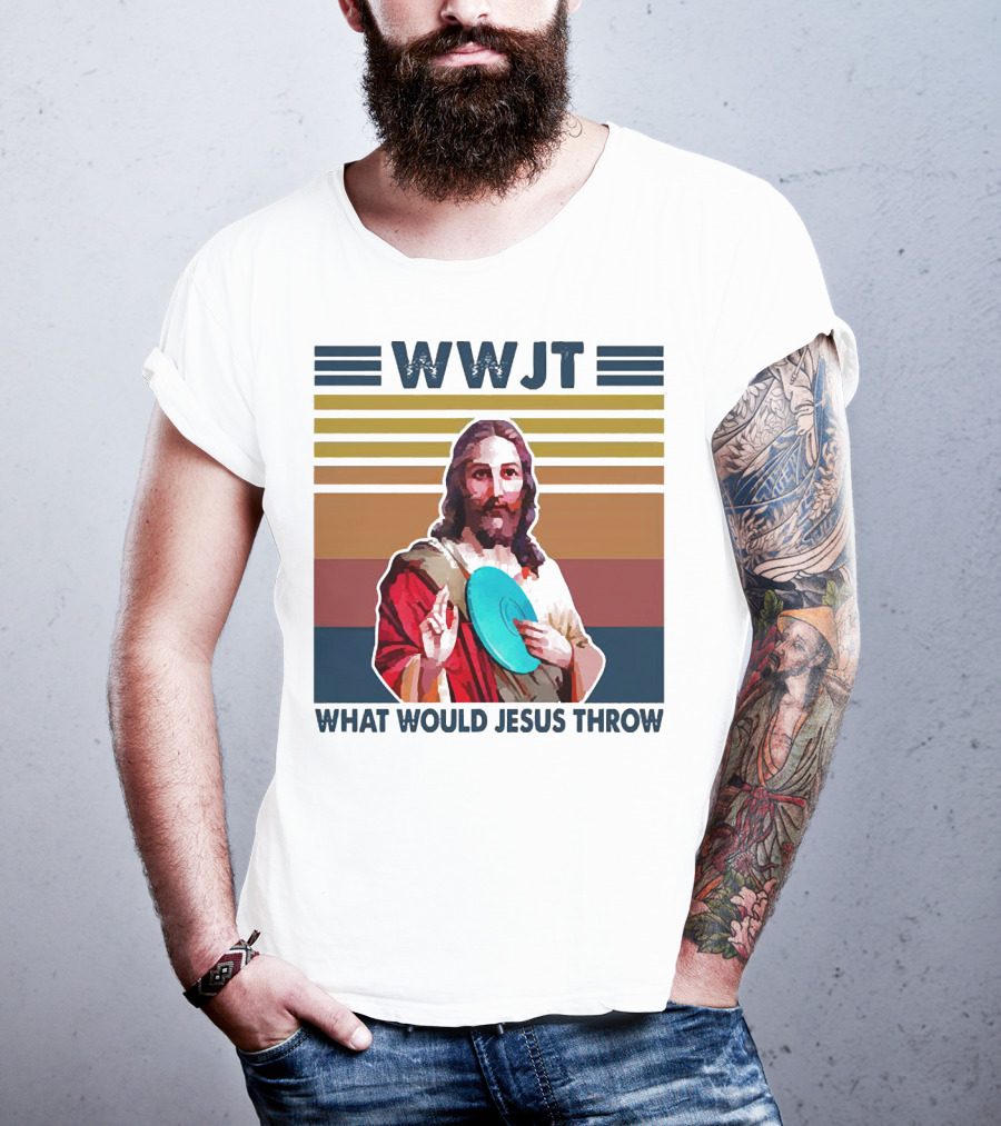 WWJT What Would Jesus Throw Disc Golf Frisbee Retro Stripes T-Shirt
