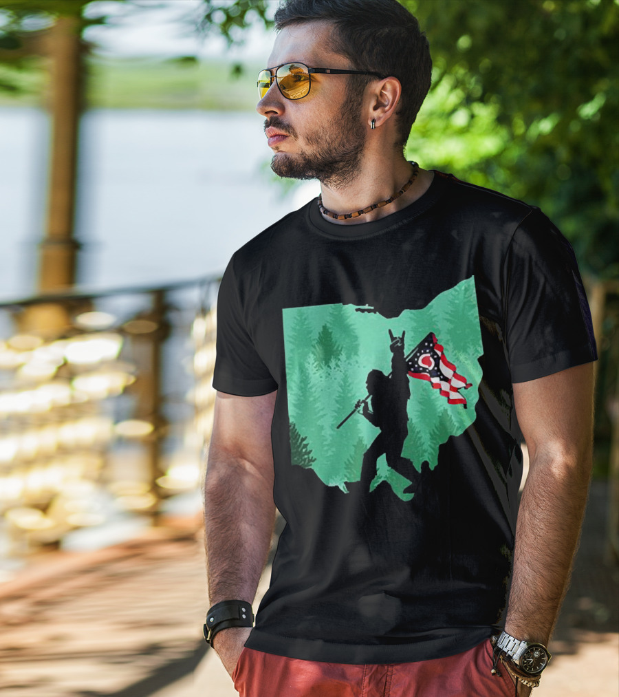 Bigfoot Rock And Roll Ohio State Silhouette With Flag Forest Background T-Shirt