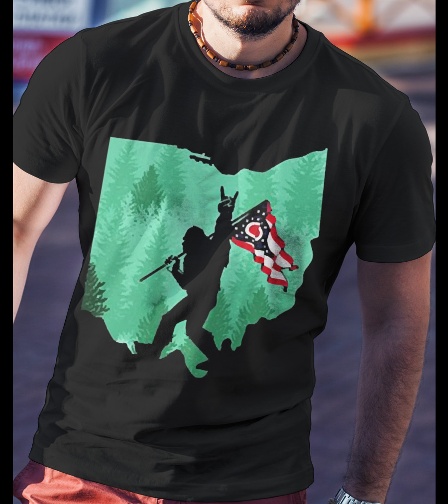 Bigfoot Rock And Roll Ohio State Silhouette With Flag Forest Background T-Shirt