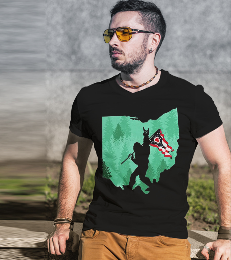 Bigfoot Rock And Roll Ohio State Silhouette With Flag Forest Background T-Shirt