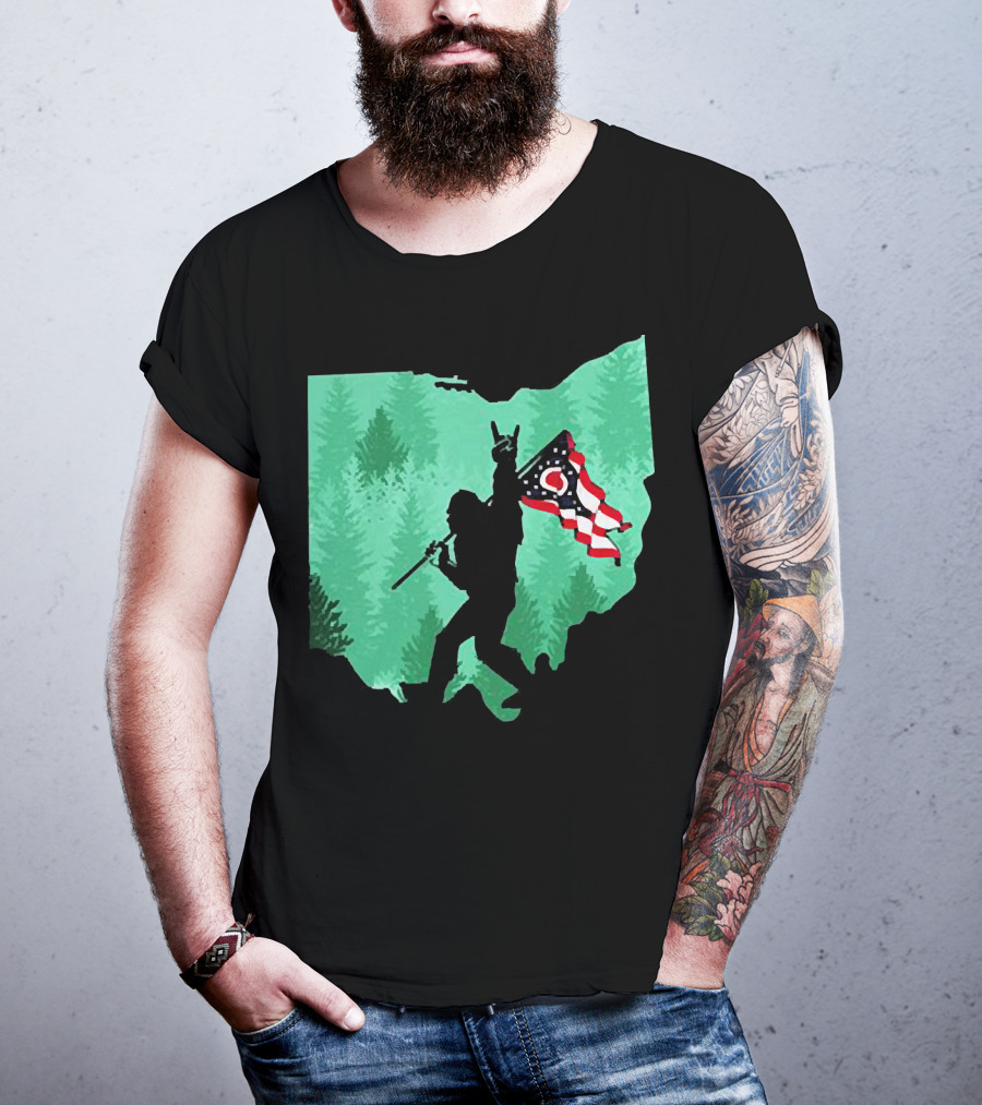 Bigfoot Rock And Roll Ohio State Silhouette With Flag Forest Background T-Shirt
